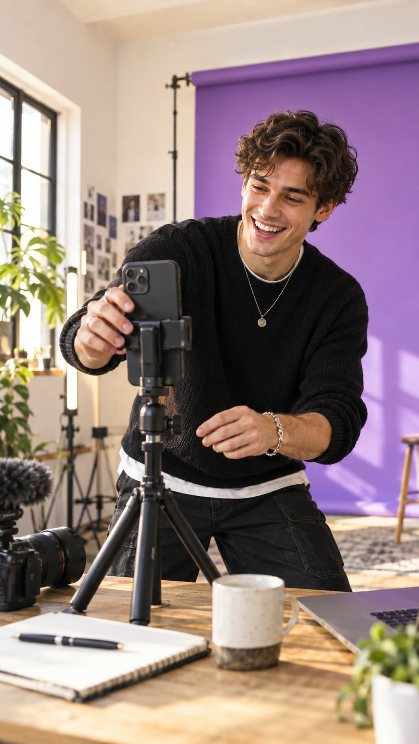 Young male creator working naturally on camera